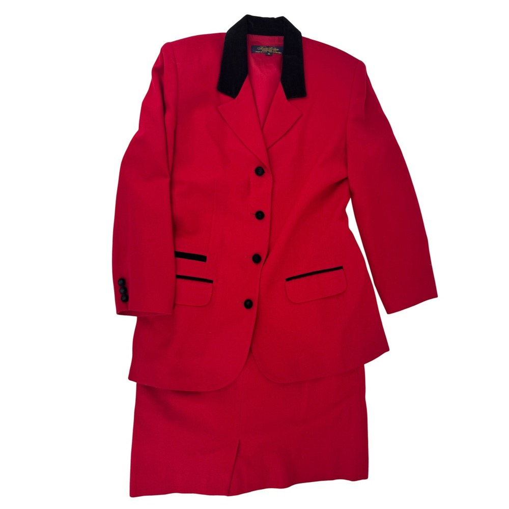 Vintage Brooks Brothers Red Wool Skirt Suit Velvet Trim Jacket Size 14 Skirt 12